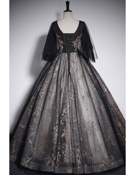 Vneck Sparkly Black Sequined Ballgown Prom Dress With Puffy Sleeves