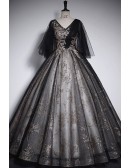 Vneck Sparkly Black Sequined Ballgown Prom Dress With Puffy Sleeves