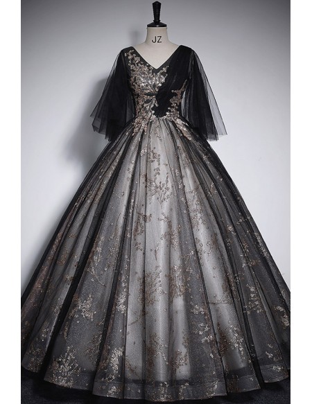 Vneck Sparkly Black Sequined Ballgown Prom Dress With Puffy Sleeves