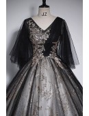 Vneck Sparkly Black Sequined Ballgown Prom Dress With Puffy Sleeves