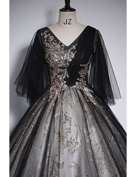 Vneck Sparkly Black Sequined Ballgown Prom Dress With Puffy Sleeves