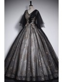 Vneck Sparkly Black Sequined Ballgown Prom Dress With Puffy Sleeves