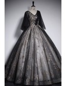 Vneck Sparkly Black Sequined Ballgown Prom Dress With Puffy Sleeves