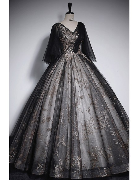 Vneck Sparkly Black Sequined Ballgown Prom Dress With Puffy Sleeves