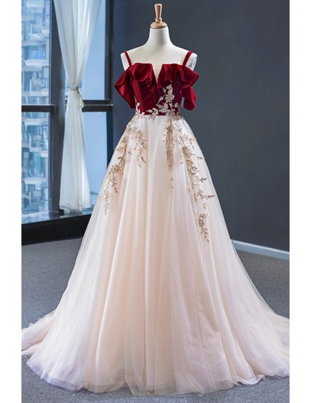 Red With Flowy Champagne Tulle Prom Dress With Straps