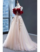 Red With Flowy Champagne Tulle Prom Dress With Straps