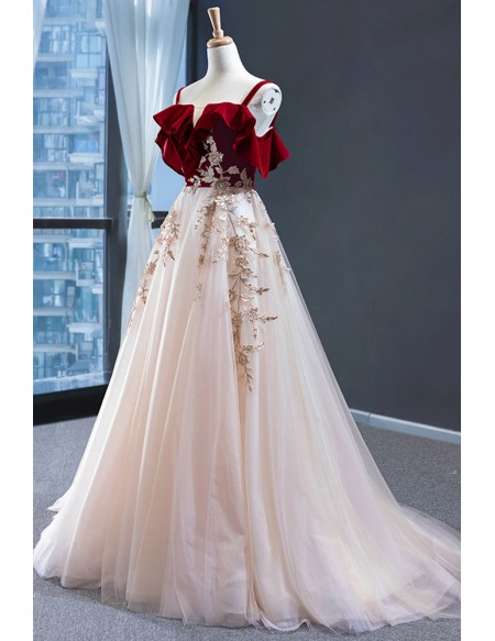 Red With Flowy Champagne Tulle Prom Dress With Straps