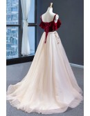 Red With Flowy Champagne Tulle Prom Dress With Straps