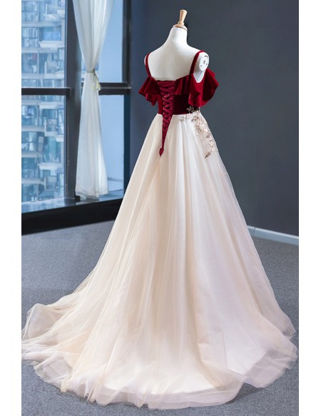 Red With Flowy Champagne Tulle Prom Dress With Straps