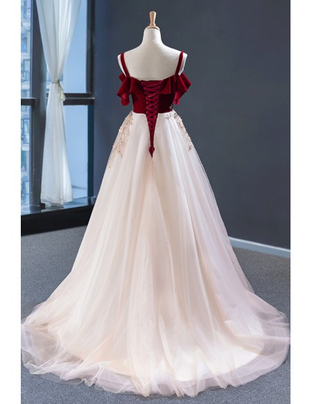 Red With Flowy Champagne Tulle Prom Dress With Straps