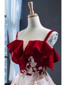 Red With Flowy Champagne Tulle Prom Dress With Straps
