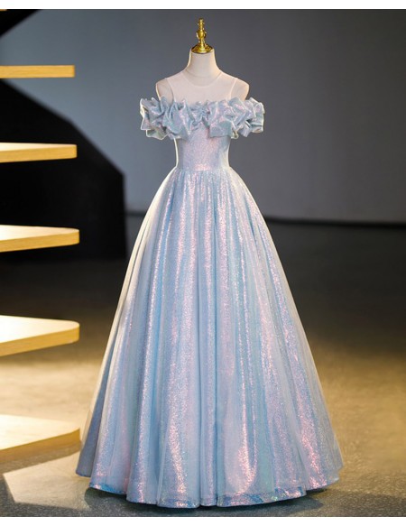Sparkly Blue Princess Ballgown Prom Dress With Ruffles