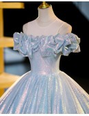 Sparkly Blue Princess Ballgown Prom Dress With Ruffles