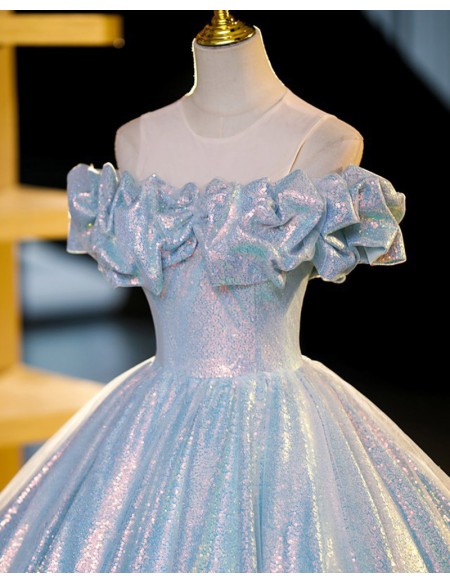 Sparkly Blue Princess Ballgown Prom Dress With Ruffles
