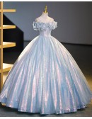 Sparkly Blue Princess Ballgown Prom Dress With Ruffles