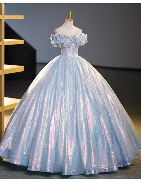 Sparkly Blue Princess Ballgown Prom Dress With Ruffles