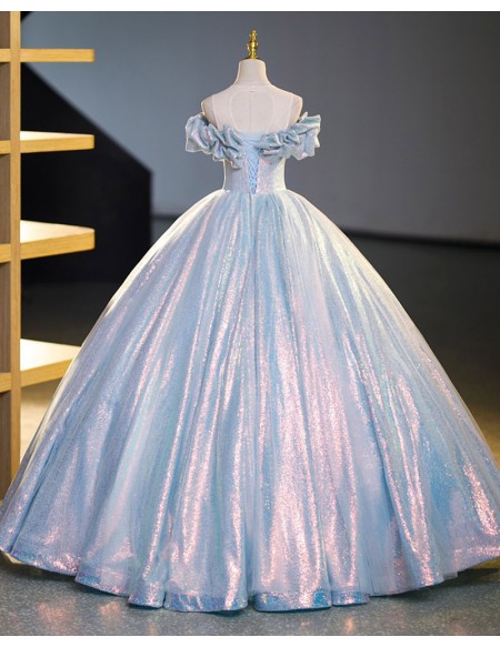 Sparkly Blue Princess Ballgown Prom Dress With Ruffles