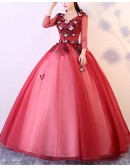Burgundy Ballgown Tulle Prom Dress With Butterflies