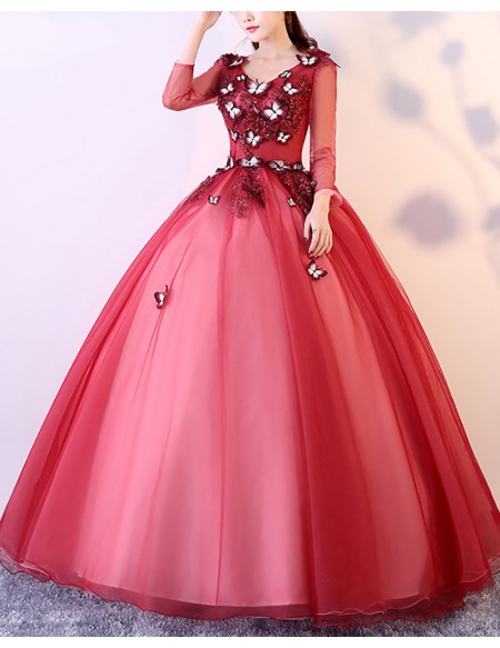 Burgundy Ballgown Tulle Prom Dress With Butterflies