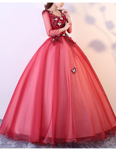 Burgundy Ballgown Tulle Prom Dress With Butterflies