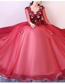 Burgundy Ballgown Tulle Prom Dress With Butterflies