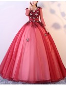 Burgundy Ballgown Tulle Prom Dress With Butterflies