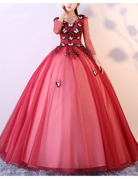 Burgundy Ballgown Tulle Prom Dress With Butterflies