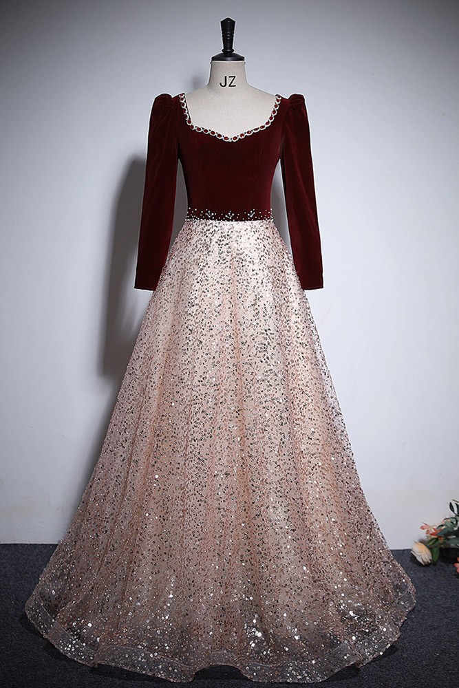 Glitter Long Sleeves Burgundy Cut-Out Long Formal Dresses