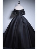 Off Shoulder Sleeved Ballgown Satin Long Prom Dress With Embroidery