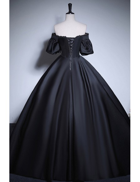 Off Shoulder Sleeved Ballgown Satin Long Prom Dress With Embroidery