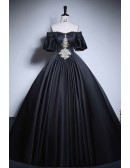 Off Shoulder Sleeved Ballgown Satin Long Prom Dress With Embroidery
