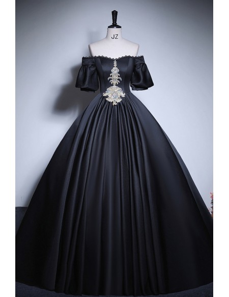 Off Shoulder Sleeved Ballgown Satin Long Prom Dress With Embroidery