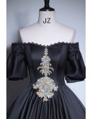 Off Shoulder Sleeved Ballgown Satin Long Prom Dress With Embroidery