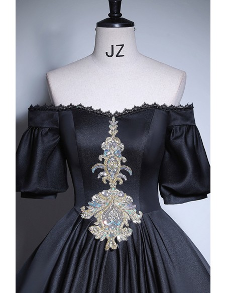 Off Shoulder Sleeved Ballgown Satin Long Prom Dress With Embroidery