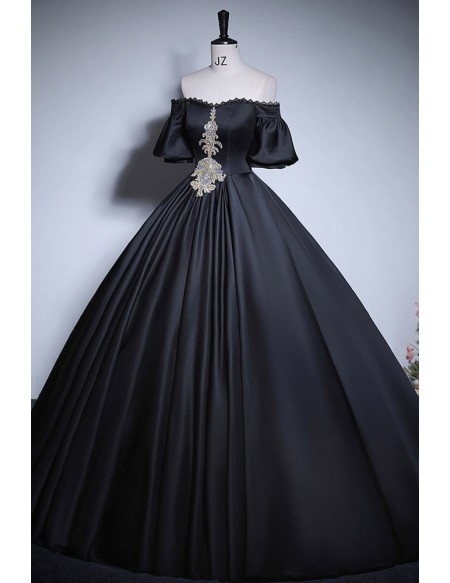 Off Shoulder Sleeved Ballgown Satin Long Prom Dress With Embroidery
