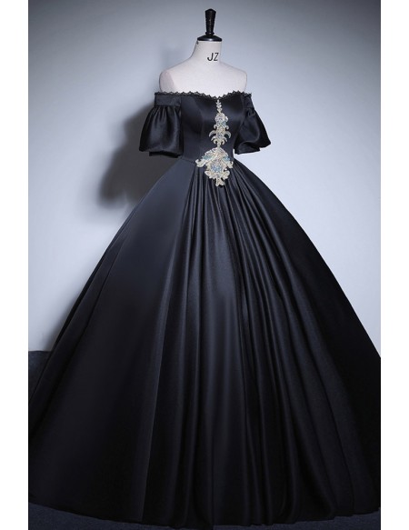 Off Shoulder Sleeved Ballgown Satin Long Prom Dress With Embroidery