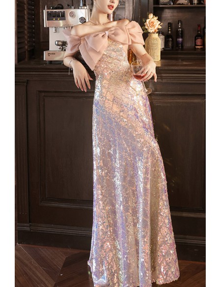 Gorgeous Off Shoulder Pink Sequined Prom Dress