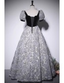 Black Bubble Sleeved Long Prom Dress With Flower Pattern