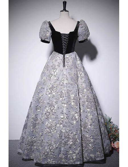 Black Bubble Sleeved Long Prom Dress With Flower Pattern