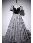 Black Bubble Sleeved Long Prom Dress With Flower Pattern