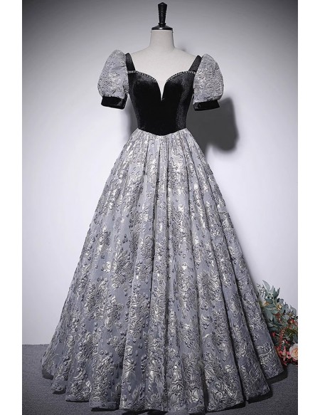 Black Bubble Sleeved Long Prom Dress With Flower Pattern