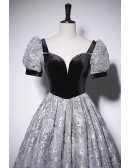 Black Bubble Sleeved Long Prom Dress With Flower Pattern