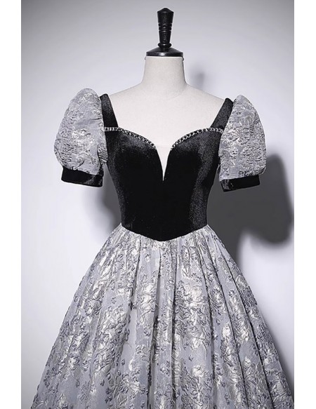 Black Bubble Sleeved Long Prom Dress With Flower Pattern