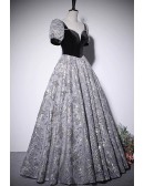 Black Bubble Sleeved Long Prom Dress With Flower Pattern