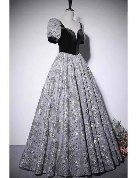 Black Bubble Sleeved Long Prom Dress With Flower Pattern