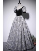 Black Bubble Sleeved Long Prom Dress With Flower Pattern