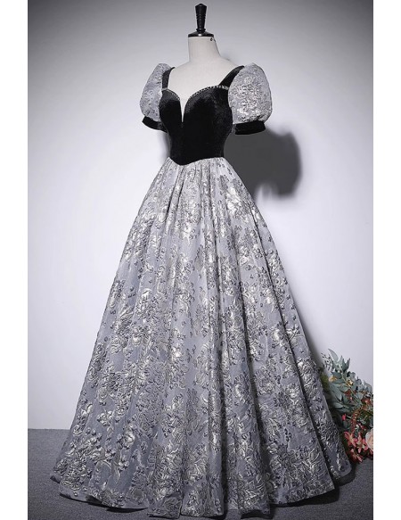 Black Bubble Sleeved Long Prom Dress With Flower Pattern