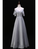 Elegant Grey Aline Long Prom Dress With Sash