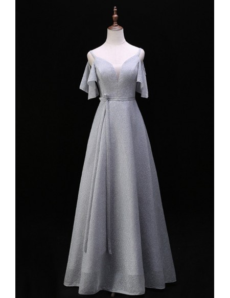 Elegant Grey Aline Long Prom Dress With Sash