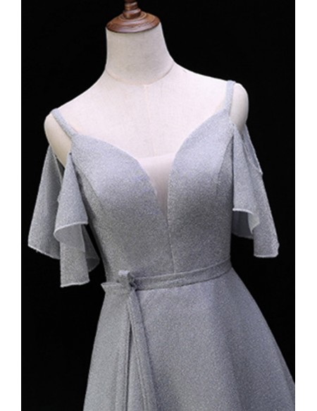 Elegant Grey Aline Long Prom Dress With Sash